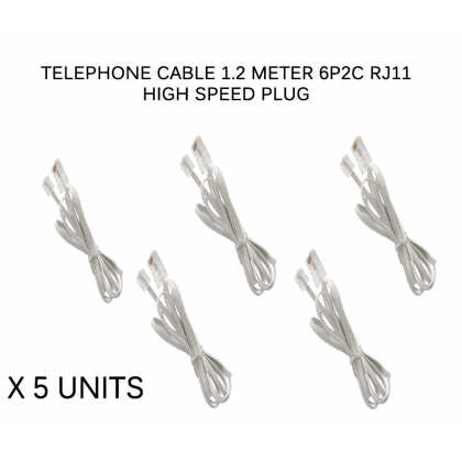 Telephone Cable 1.2 Meter 6P2C RJ11 High Speed Cable x 5 Units Telephone Cable 1.2 Meter 6P2C RJ11 High Speed Cable x 5 Units